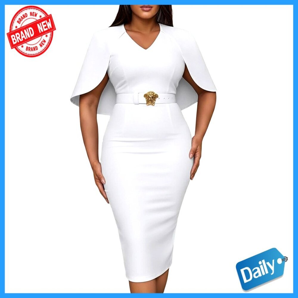 Elegant Cape Sleeve Bodycon Midi Dress V-Neck Back Slit Cocktail Pencil